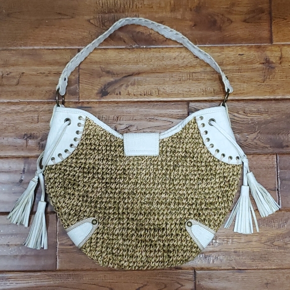 White Faux Leather & Straw Boho Shoulder Bag - Picture 7 of 15